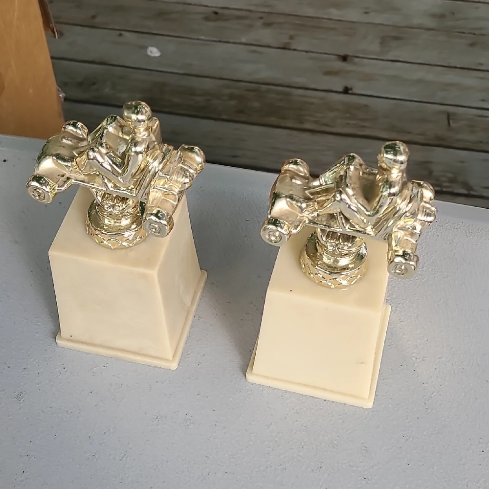 Vintage Gold Cream Go Kart Trophies Two Awards Blank‎ Front Plates